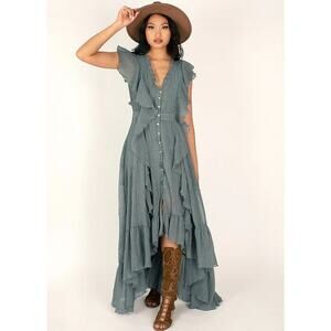 NWT Women’s boho ruffle blue green maxi dress size S (4/6)